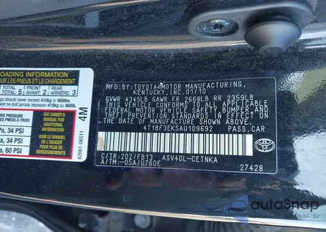 2010 Toyota Camry Le from USA, damaged, VIN 4T1BF3EK5AU109692